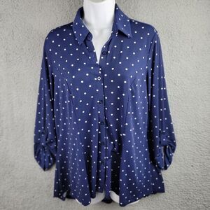 Knapp Studio Tunic Blouse Womens Large Polka Dot Blue White Button-Up Roll Tab